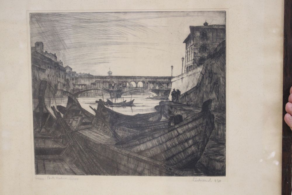 Four assorted etchings by Albany Howarth, Liuigi Bianchi, Muirhead Bone and Freda Marston